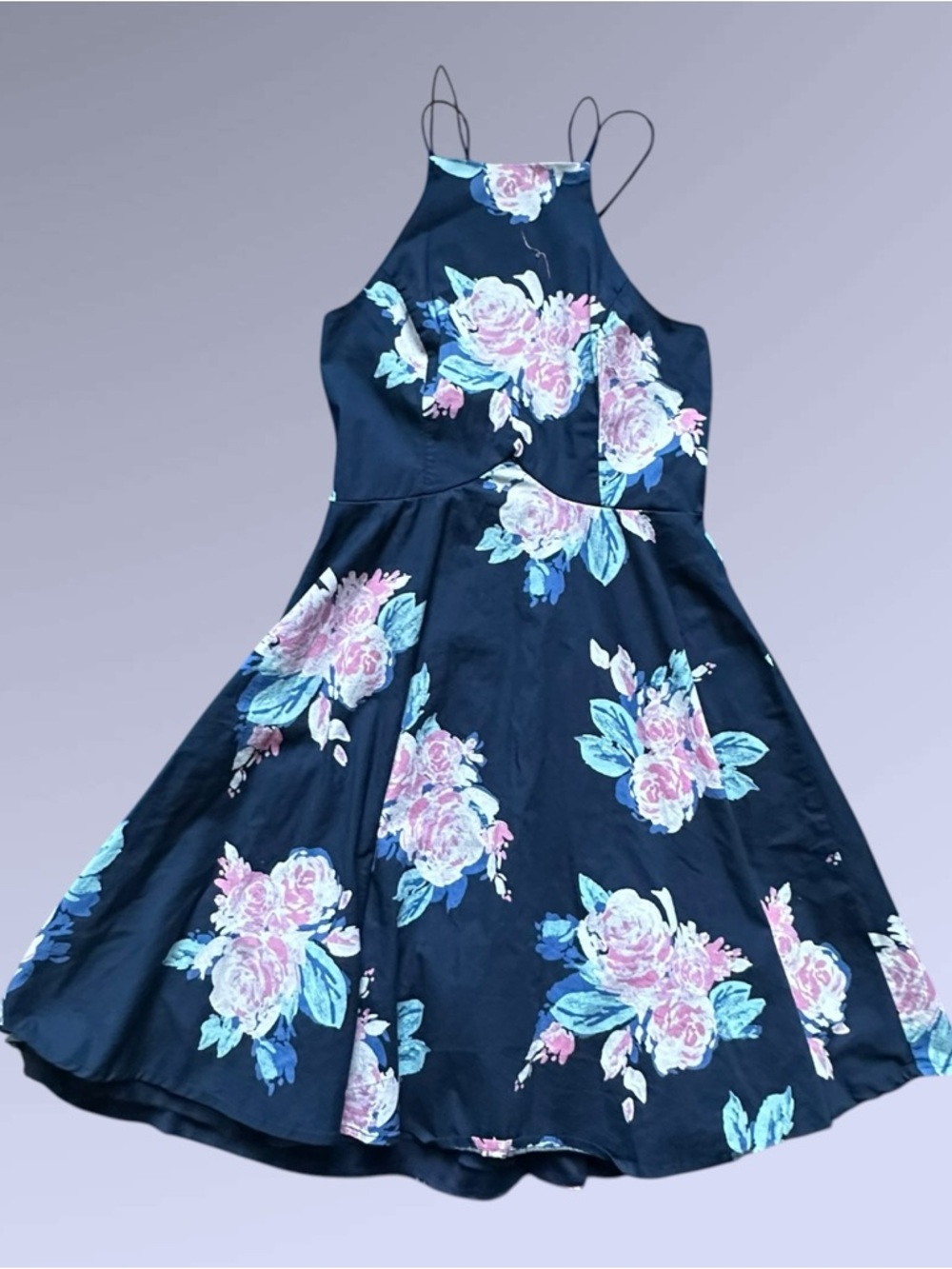 CHARLOTTE RUSSE Navy Blue Floral Halter Skater Dress Fit & Flare Mini Size Small